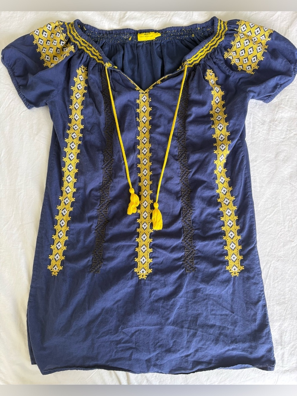 Roberta Roller Rabbit Boho Embroidered Cotton Tunic Dress Navy Blue Yellow XS